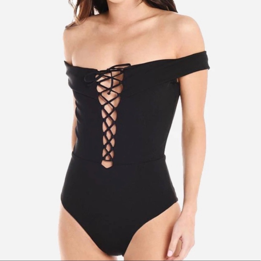 L*Space off the shoulder ribbed size 10 lace up corset swimsuit beach vacation